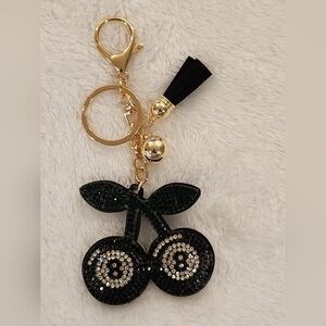 Black 8 Ball Cherries With Green Stem Keychain Bag Charm